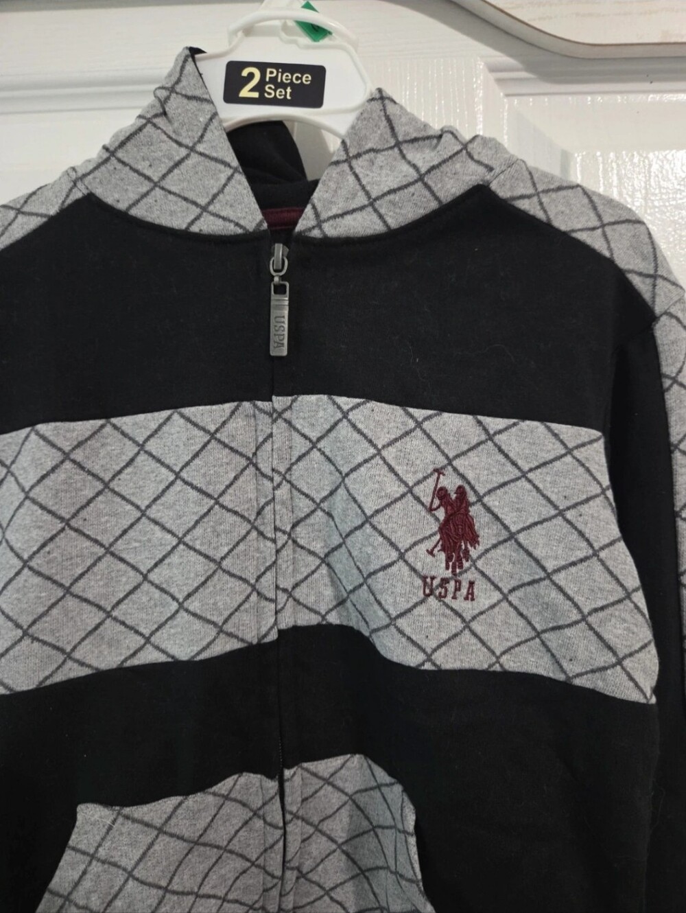 U.S. Polo Assn. Black & Gray Zip-Up Kids Matching Set with Maroon Logo